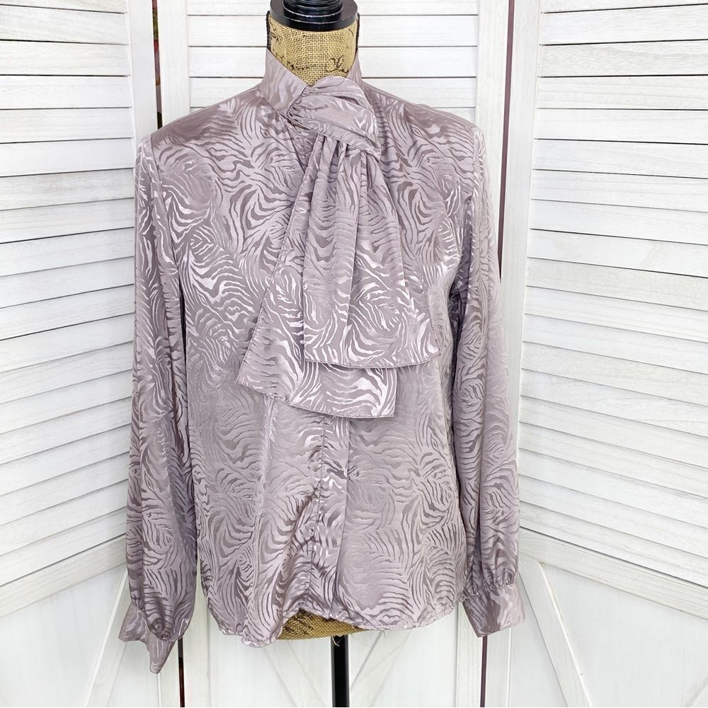 Vintage Alexandria Satin Jacquard Blouse‎ Dusty Mauve 10 Bow Neck Pussybow
